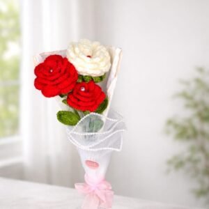Handmade Crochet 2 Red rose and 1 White Rose Bouquet – Amigurumi Floral Decor