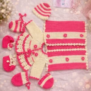 Handmade Crochet Dress & Blanket Set for Yugal Sarkar – Pink & Cream