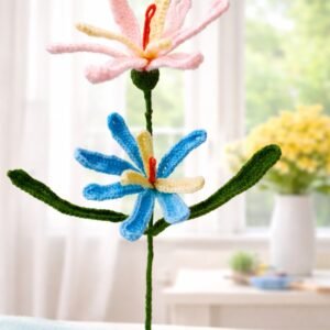 Crochet pink and blue Daisy Flower - Handmade Amigurumi Floral Stem
