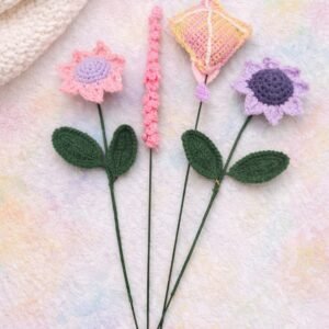 Handmade Crochet Blue and Pink Sunflower Bouquet – Decorative Amigurumi Bloom