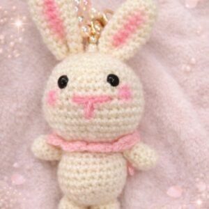 Handmade Crochet Bunny Keychain – Pink and white Amigurumi Rabbit Charm