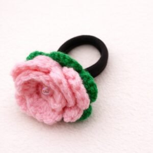 Handmade Crochet Rose Hairband – Pink with Green Leaves