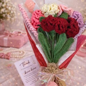 Handmade Crochet Carnation Bouquet – 6 Carnations & 2 Lavender Blooms
