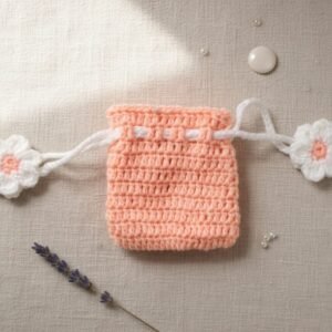Handmade Crochet Floral Drawstring Pouches (Green, Pink, Mustard & Peach)