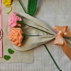 Handmade Crochet 1 Pink and 1 Peach Rose Bouquet – Amigurumi Floral Decor